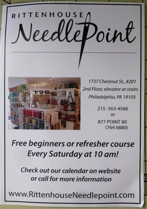 rittenhouse needlepoint business card advertising free beginner needlework lessons on Saturday mornings