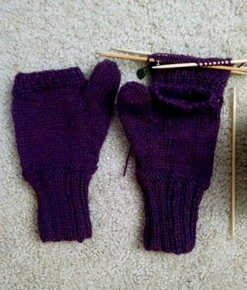 A pair of purple knitted mittens. The mitten on the right is in the process of being knit on double-pointed needles.